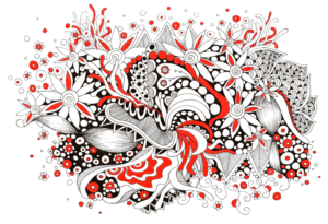 Flower Explosion Ink Pen Doodles - Black & Red