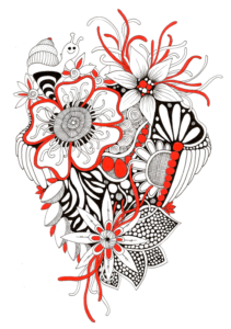 Flower Explosion Ink Pen Doodles - Black & Red Bunch
